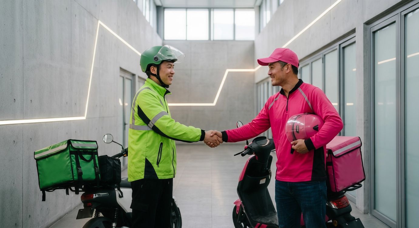 A Grab delivery rider in green uniform and a foodpanda rider in pink uniform shake hands in a modern concrete corridor, with their scooters parked behind them — symbolizing the proposed merger